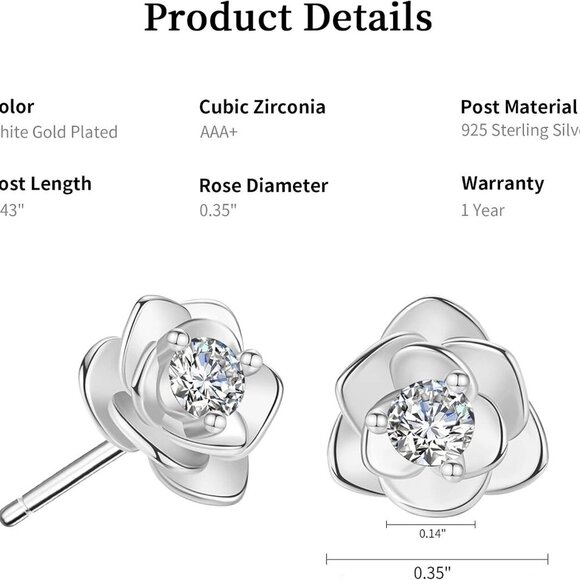 14K Gold Plated Sterling Silver Rose Flower Stud Earrings with Cubic Zirconia fo - Picture 2 of 5